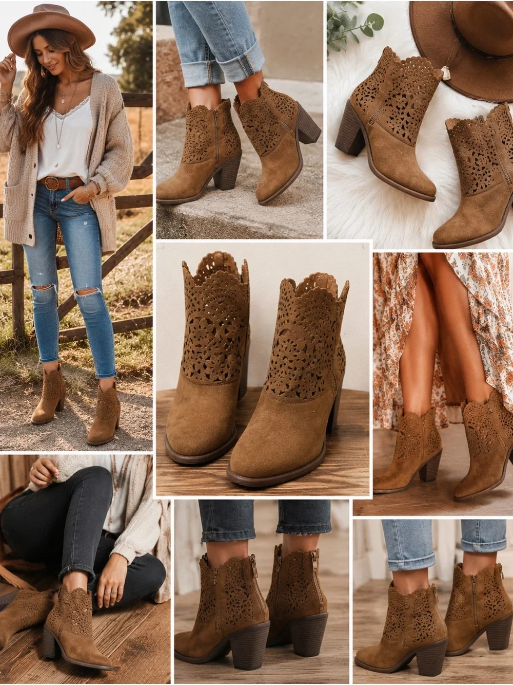 Jessica Simpson Booties 7.5 Brown Leather Laser Cut Boho Western Heels JS Cachet